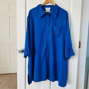 Ulla Popken Blue Linen Button Up Tunic Shirt Size 24 / 26 NWOT